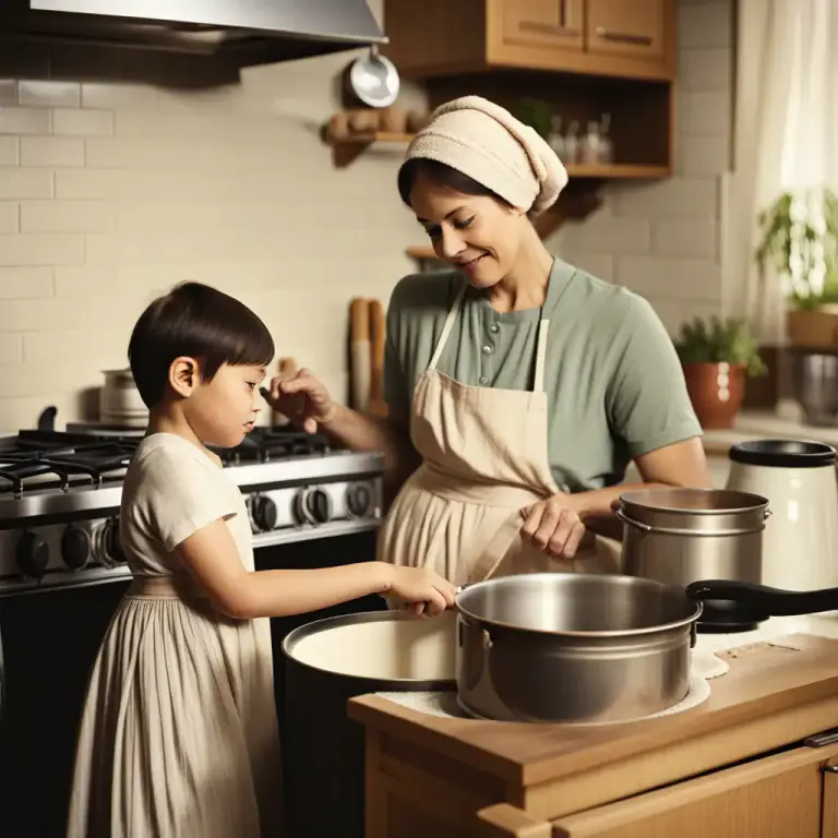 Visual representation of "at your mother’s knee" - Learning something from a very young age, often from a parent or grandparent.