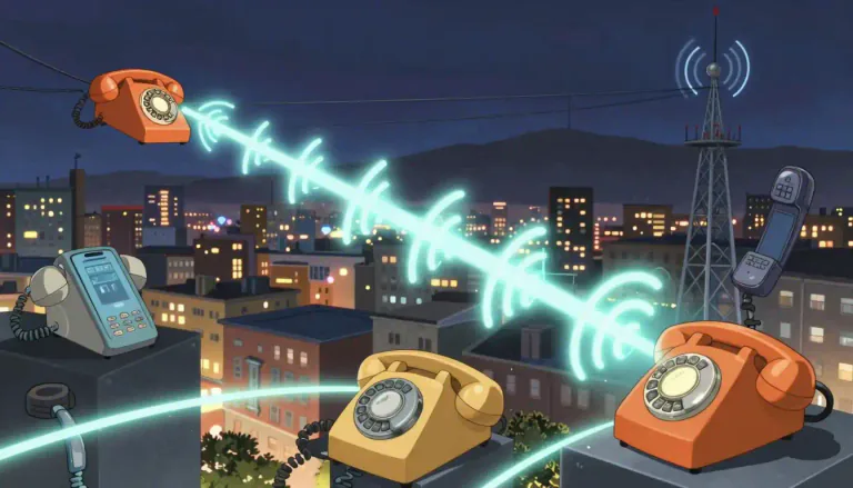 Visual representation of "telephony" - The system of transferring voice and sound over a distance, particularly through wires or radio signals.