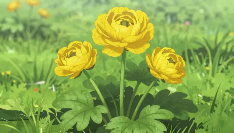 Visual representation of "crowfoot" - A plant of the genus Ranunculus, particularly the species Ranunculus acris, known for its divided leaves resembling a crow's foot.