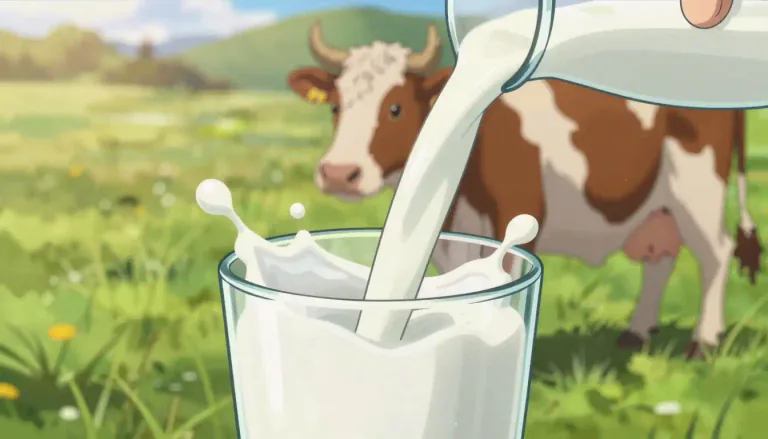 Visual representation of "milk" - A white liquid produced by a mother to feed her babies, or a similar liquid produced by animals like cows, goats, or sheep