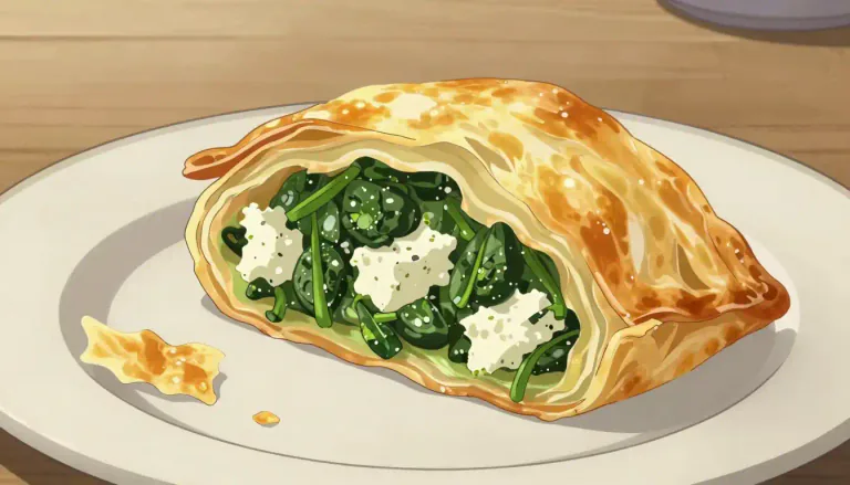Visual representation of "spanakopita" - A Greek pastry consisting of a filling of spinach and feta cheese wrapped in layers of phyllo dough.