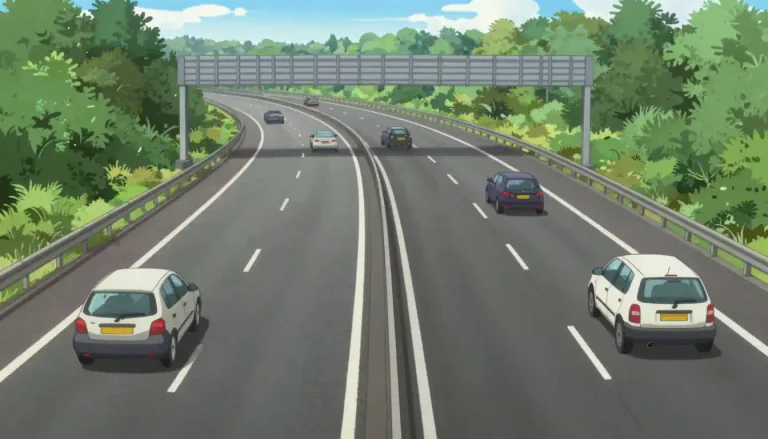 Visual representation of "motorway" - A motorway is a wide road for fast vehicles, with many lanes and limited access.