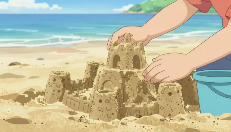 Visual representation of "sandcastle" - A small structure made of sand, typically built by children on a beach.