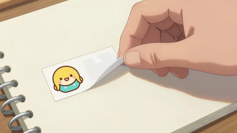 Visual representation of "sticker" - A piece of paper or plastic with a sticky side, often with a picture or message on the other side, that can be stuck on to something.
