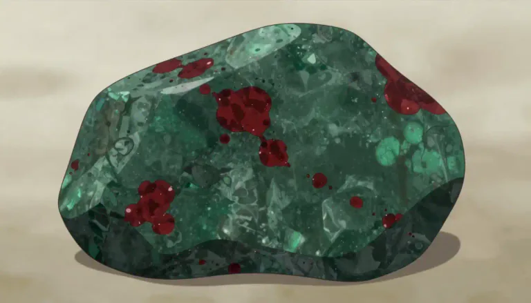 Visual representation of "bloodstone" - Bloodstone is a dark green variety of chalcedony that contains red spots made of iron oxide.