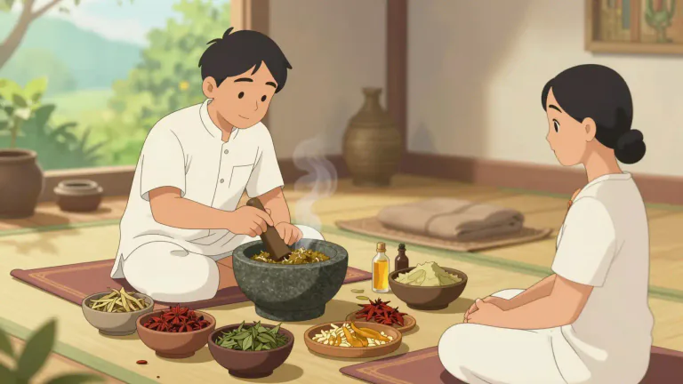 Visual representation of "ayurveda" - A traditional system of medicine originating from India that focuses on balancing bodily systems through diet, herbal treatments, and lifestyle practices.