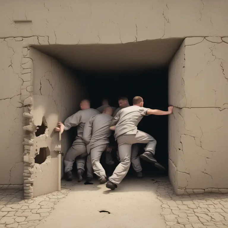 Visual representation of "break out" - To escape from a place, especially a prison