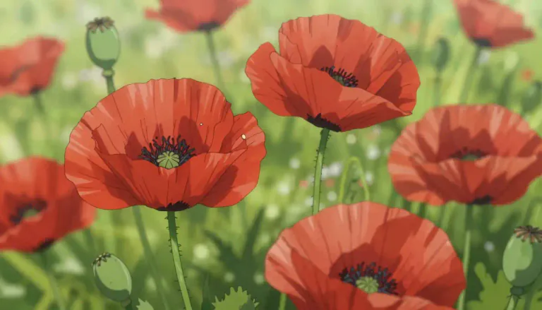 Visual representation of "poppy" - A kind of flower that is often red and has seeds that can be used to make drugs