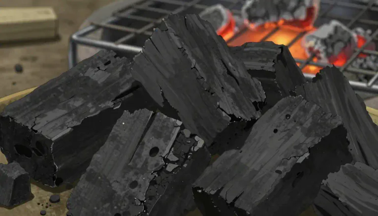 Visual representation of "charcoal" - A black material made from wood by heating it in an enclosed space without air.