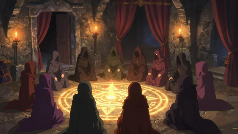Visual representation of "cabalistic" - Suggestive of a secret society or group engaged in secretive or conspiratorial activity.