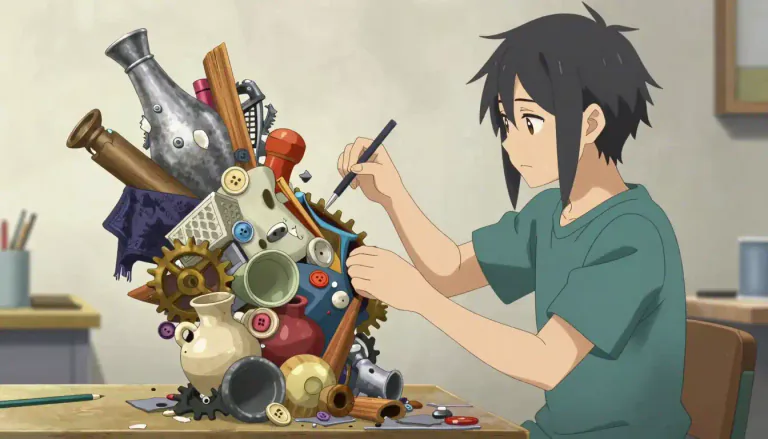 Visual representation of "bricolage" - The construction or creation of something from a diverse range of available things.