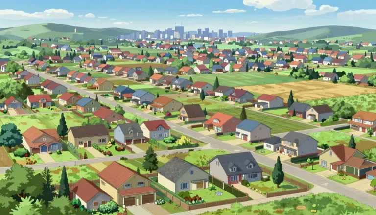 Visual representation of "exurb" - A residential area located beyond the suburbs of a city, typically characterized by a more rural lifestyle and lower population density.