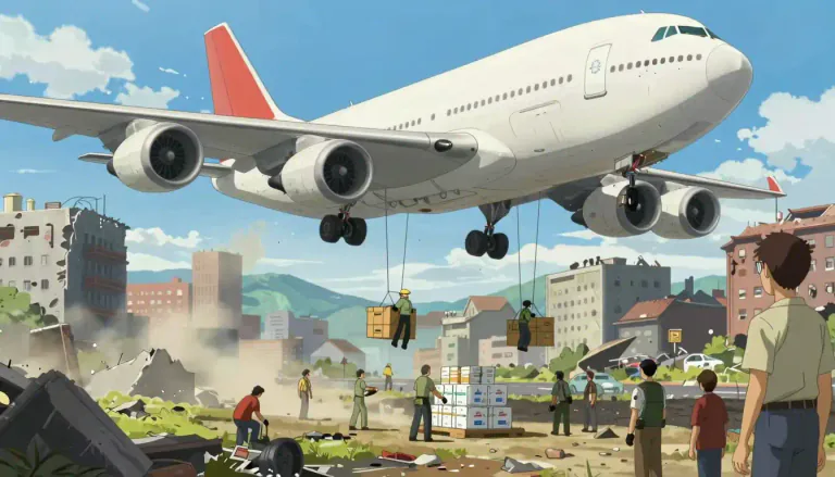 Visual representation of "airlift" - To transport people or goods by aircraft, especially in a situation where normal transport is not possible.
