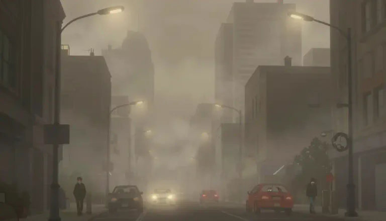 Visual representation of "smoggy" - Having a lot of smog; filled with thick air pollution that reduces visibility.