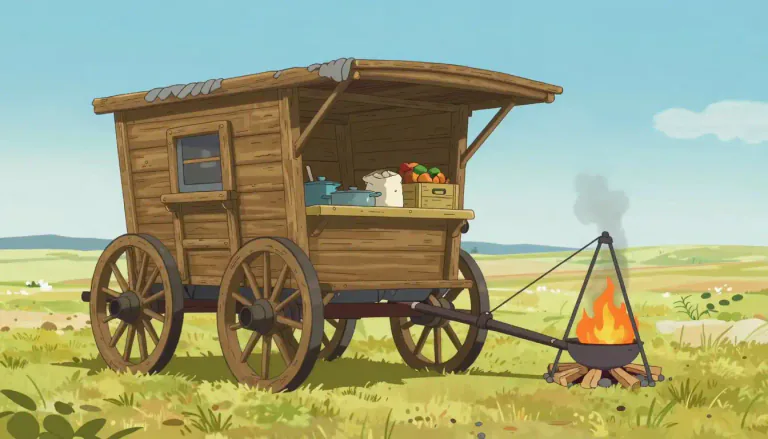 Visual representation of "chuckwagon" - A type of wagon that carries food and cooking equipment, typically used by cowboys on cattle drives.