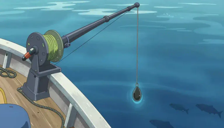 Visual representation of "downrigger" - A device used in fishing that allows lines with bait to be set at a specific depth by attaching and lowering a heavy weight.