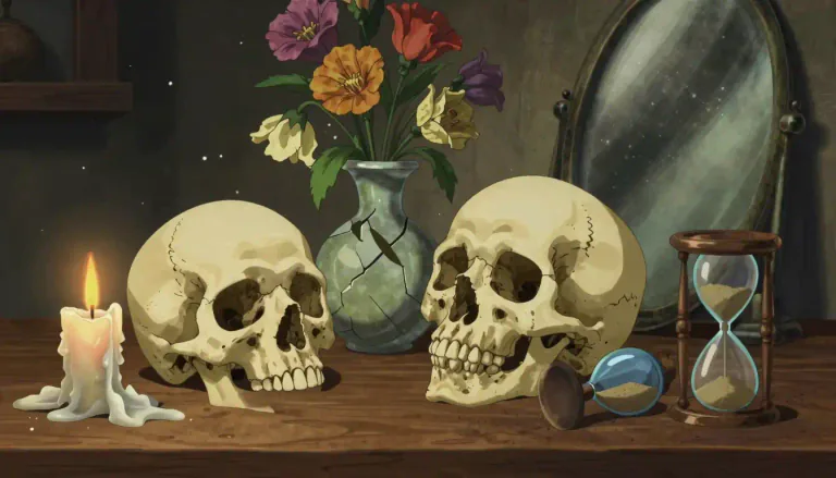 Visual representation of "vanitas" - A genre of art depicting symbols of death and the transient nature of life, intended to remind viewers of the futility of earthly pleasures.