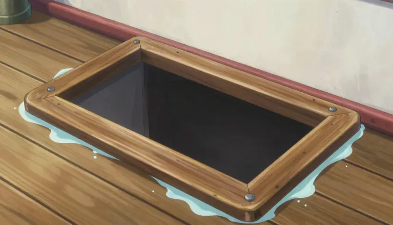 Visual representation of "coaming" - A raised edge or border around a hatch or opening on a ship or building, designed to prevent water from entering.