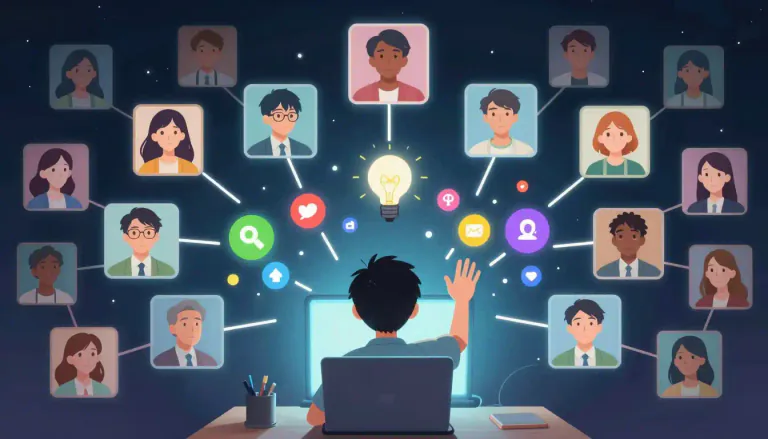 Visual representation of "crowdsource" - To obtain input, services, or information in a collaborative manner from a large group of people, typically via the internet.