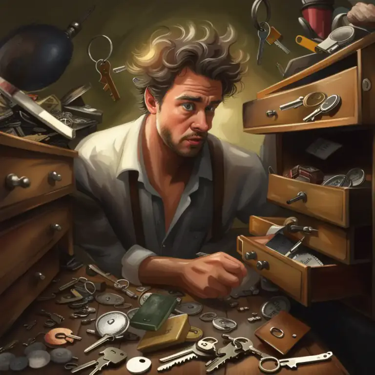 Visual representation of "scratch about" - To search around or rummage, usually in a hurried or impatient way.