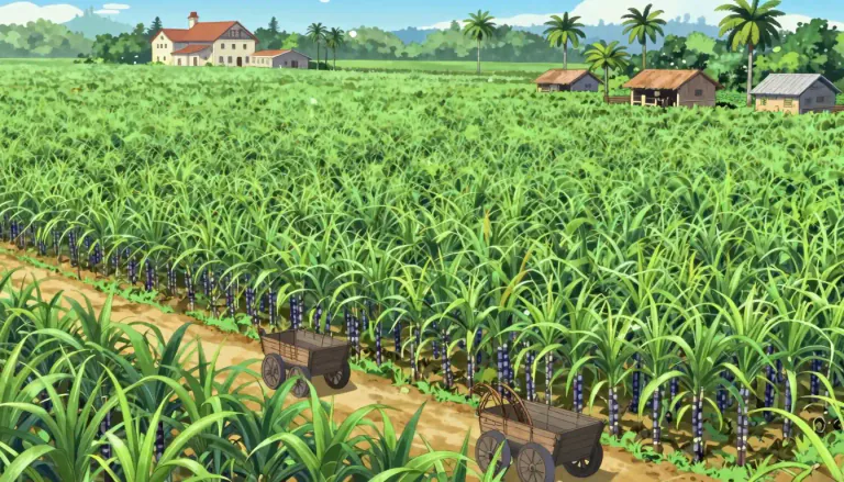 Visual representation of "plantation" - A large farm, especially in hot countries, where cash crops like coffee, sugar, and tobacco are grown.