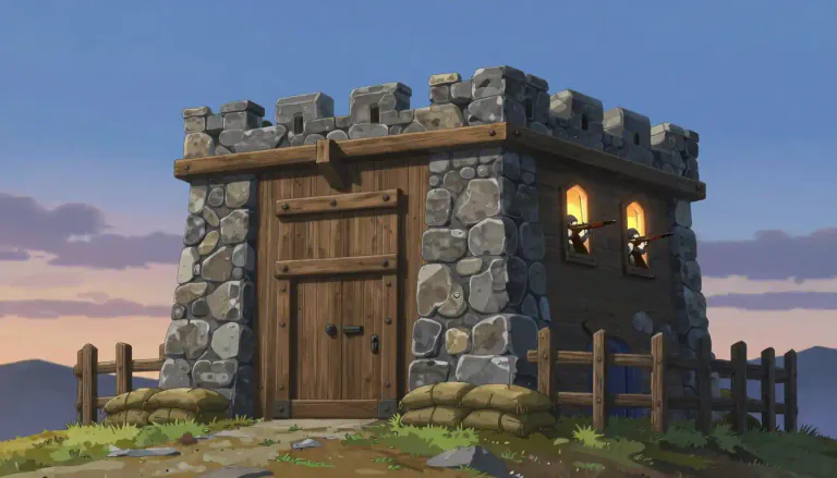 Visual representation of "blockhouse" - A strong military building with small hatches for people inside to shoot out from for protection