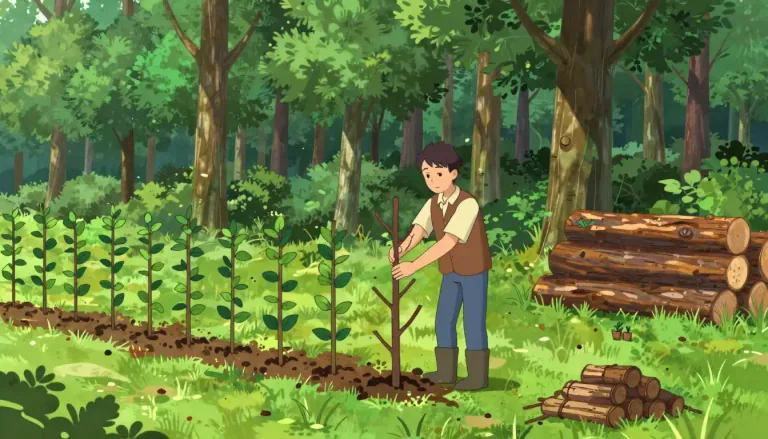Visual representation of "silviculture" - The growing and cultivation of trees for timber and other forest products.
