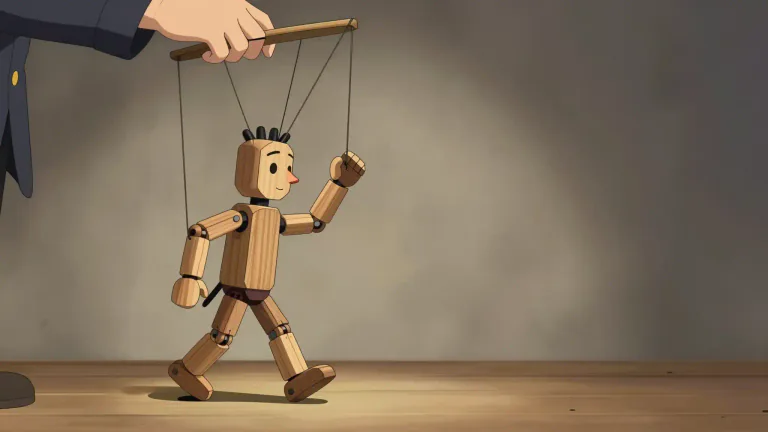 Visual representation of "marionette" - A puppet moved from above by strings or wires attached to its body parts