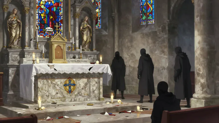 Visual representation of "desecrate" - To damage or disrespect a holy place or thing.