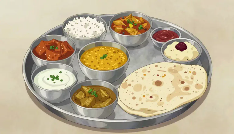 Visual representation of "thali" - A traditional Indian meal served on a round platter, featuring a variety of dishes.