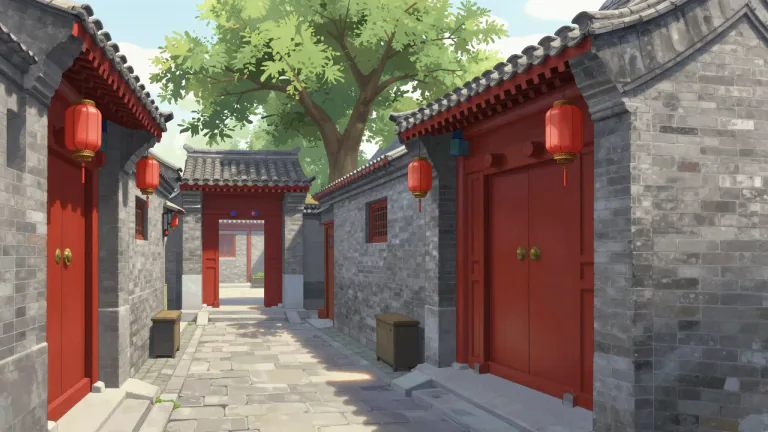Visual representation of "hutong" - A hutong is a traditional residential alley or lane in Beijing, often consisting of a courtyard surrounded by houses.
