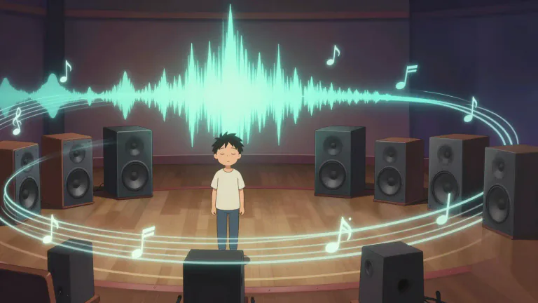 Visual representation of "stereophonic" - A type of sound reproduction that uses multiple audio channels to create a spacious sound experience.