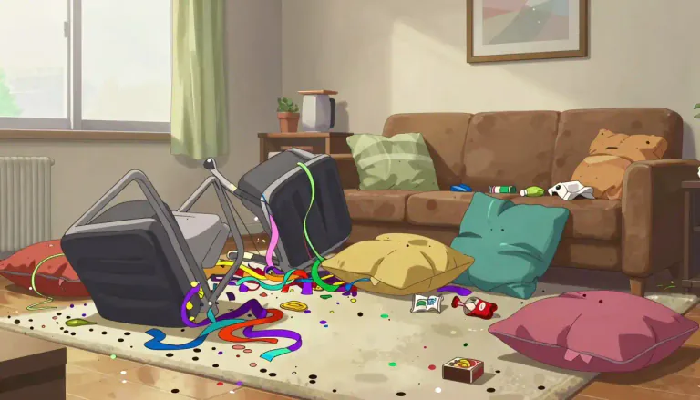 Visual representation of "muss" - A state of mess, disorder, or confusion.