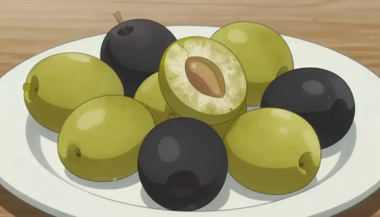 Visual representation of "olive" - A small, round fruit with a pit inside that is green when raw and turns black when ripe.