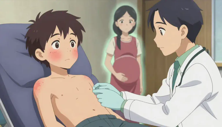 Visual representation of "rubella" - Rubella is a contagious viral infection that causes a mild fever and a rash. It is especially dangerous for pregnant women as it can lead to serious birth defects.