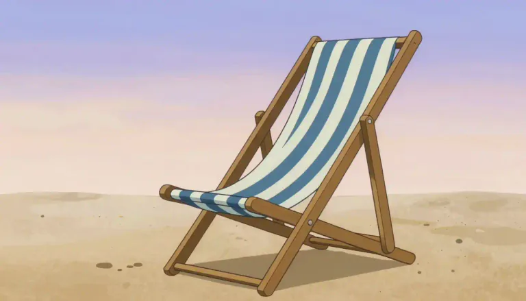 Visual representation of "deckchair" - A type of folding chair designed for outdoor use, typically with a frame made of wood and a seat made of fabric.