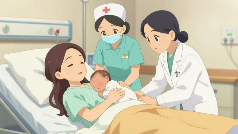 Visual representation of "childbirth" - The act of giving birth to a baby.