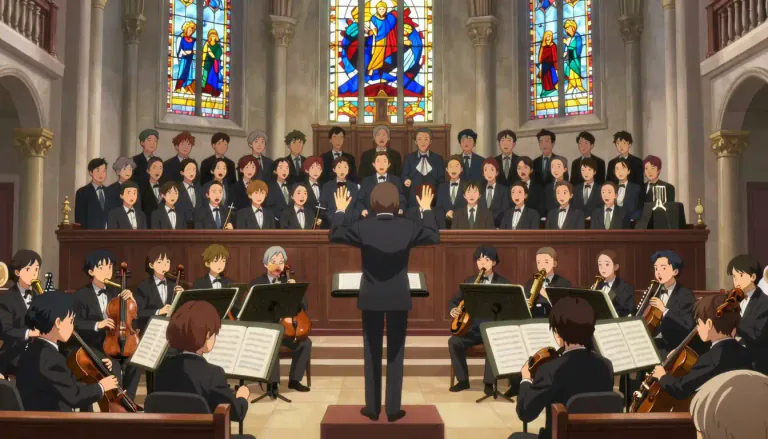 Visual representation of "oratorio" - A large-scale musical work for orchestra and voices, typically a narrative on a religious theme, to be performed without costumes, scenery, or acting.