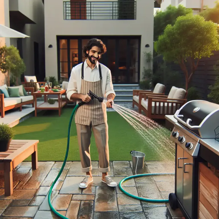 Visual representation of "hose" - To wash or spray something with water from a hose.