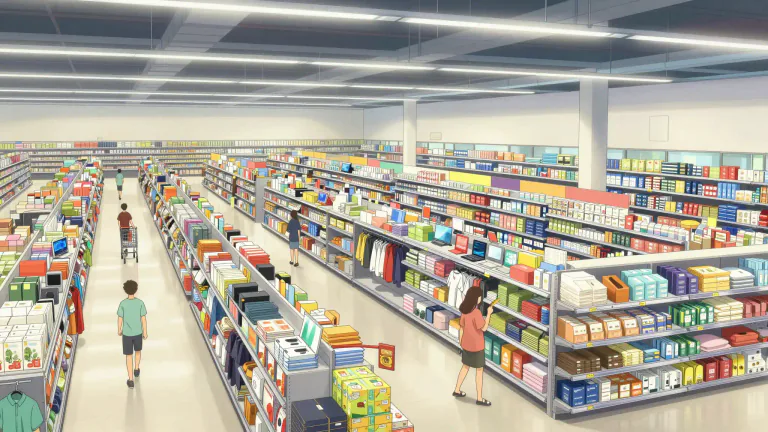 Visual representation of "megastore" - A very large retail store that sells a wide range of goods, often in a variety of categories.