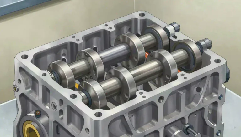 Visual representation of "camshaft" - A camshaft is a rotating bar with attached projections called cams, used in an engine to open and close its valves at the correct time.