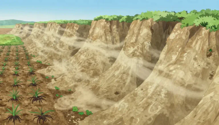 Visual representation of "loess" - Loess is a type of soil made up of very fine, windblown particles, often found in thick deposits and is known for its fertility.