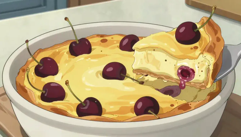 Visual representation of "clafoutis" - A clafoutis is a type of baked custard dessert that includes fruit, traditionally black cherries, arranged in a buttered dish and covered with a pancake-like batter.