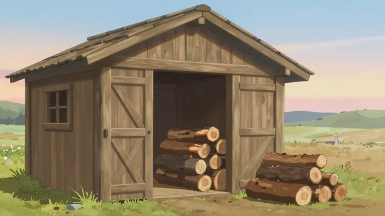 Visual representation of "woodshed" - A woodshed is a simple structure used for storing wood, typically for burning in a fireplace or stove.