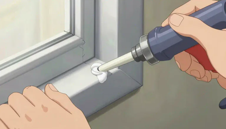 Visual representation of "caulk" - To fill or close the gaps or cracks in (something) with a substance.