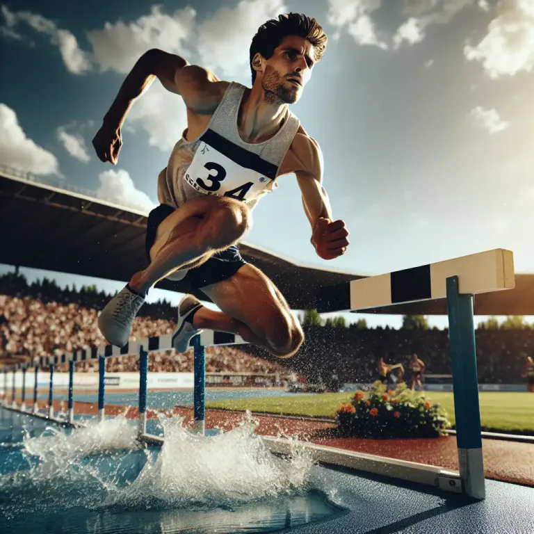 Visual representation of "steeplechase" - An athletics event in which runners must clear hurdles and water jumps.