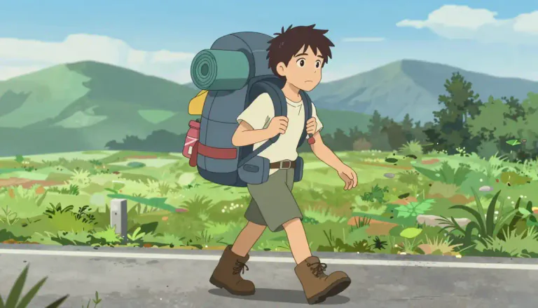 Visual representation of "backpacker" - A person who is traveling, typically for a longer time and often with his or her belongings in a backpack.