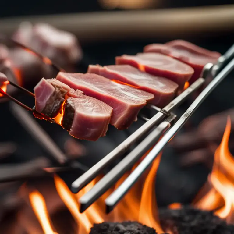Visual representation of "spit" - A thin rod or piece of metal on which meat is turned over a fire