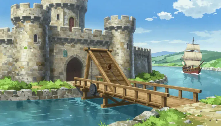 Visual representation of "drawbridge" - A bridge that can be raised and lowered to let ships pass
