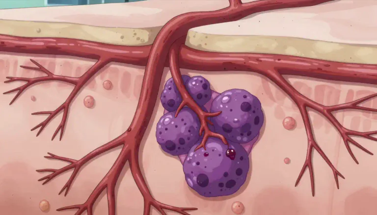Visual representation of "angiosarcoma" - A rare and aggressive cancer that arises from the cells of blood vessels or lymphatic vessels.